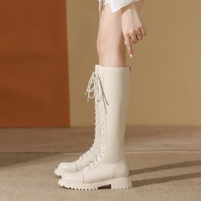 White Knight Boots Women's Autumn and Winter Soft Leather Lace-up Thick-soled Boots Women's Thick-heeled Long Boots High Boots Piled and Thickened