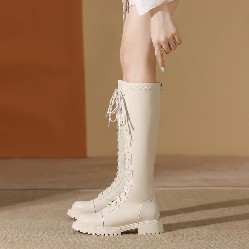White knight boots women's autumn and winter soft leather lace-up thick-soled boots women's thick-heeled long boots high boots piled and thickened