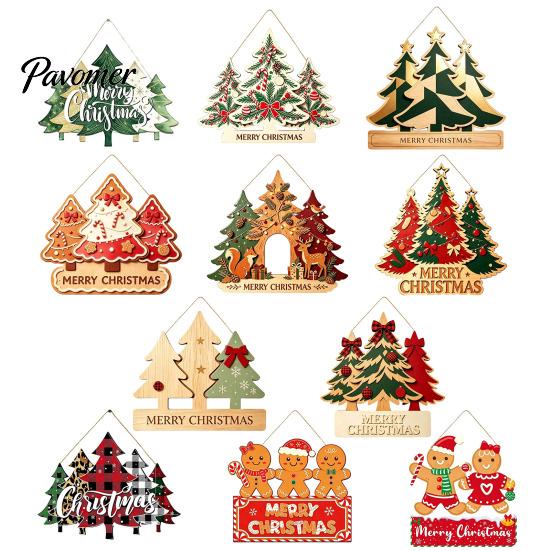 Christmas Front Entrance Sign Wooden Hanging Ornament, Multi-Layer Tree Wood Plaque Vintage Window Decor with Rope, Merry Festive Door Wall