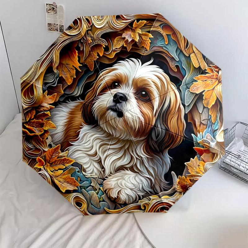 0106 Embossed Leaf Dog  Pattern, Automatic Folding Umbrella, Portable and Foldable Design, 8 Ribs, a Christmas or Birthday Gift.