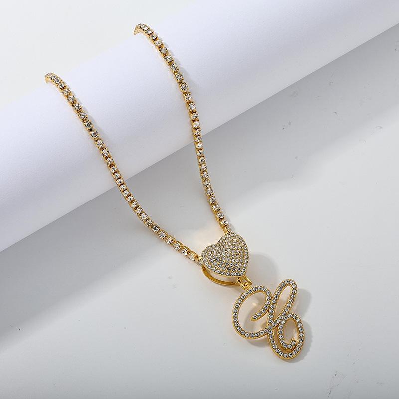 26 Flower Letter Necklace: Hip Hop Heart Pendant with Full Diamond Inlaid Tennis Chain for Women