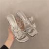 New Butterfly Slippers for Women in Summer New Square Toe Open Toe Crystal Block Heel High Heel Sandals for Summer