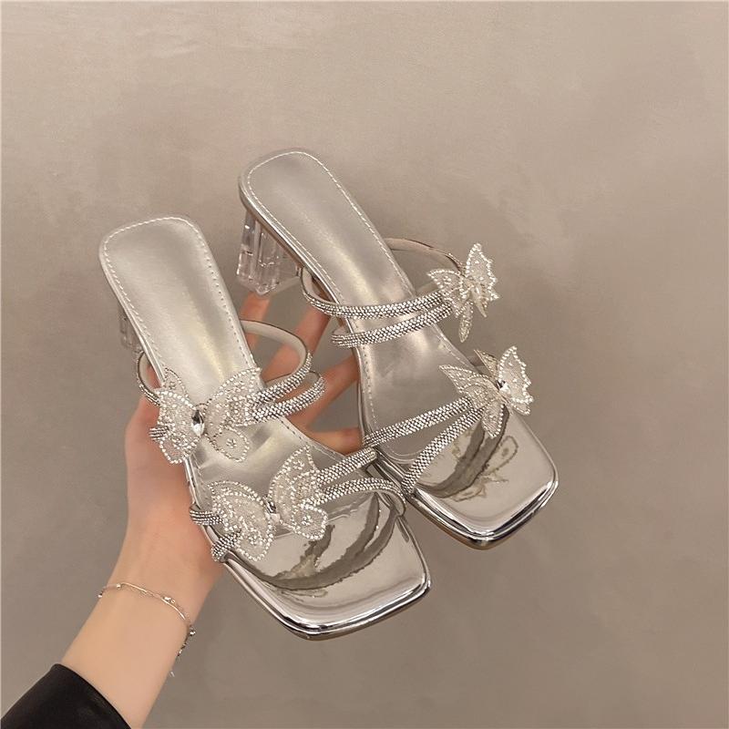 New Butterfly Slippers for Women in Summer New Square Toe Open Toe Crystal Block Heel High Heel Sandals for Summer