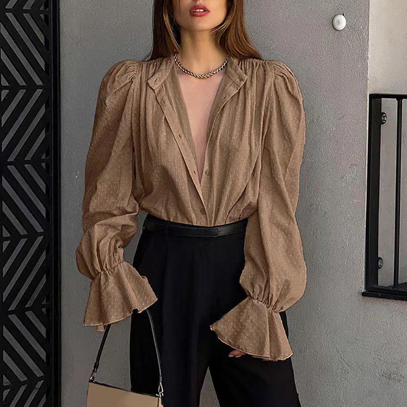 

New French style Temperament Fashion Jacquard Chiffon Shirts Puff sleeve Top Jacquard Chiffon Shirt Khaki L
