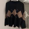 Woman Argyle Sweaters Autumn Winter Pullovers Long Sleeve O-Neck Loose Knitted Korean Tops Casual Vintage Jumper