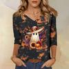Women's Casual Halloween Print V-Neck Three-Quarter Sleeve T-Shirt