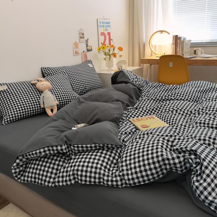 Japanese simple style plaid skin-friendly abrasive four-piece set, bedroom bedding washable sheets, quilt cover kit