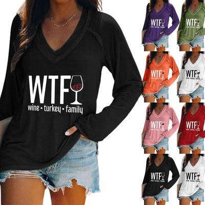 Γυναικείο μακρυμάνικο μπλουζάκι με λαιμόκοψη V με ντεγκραντέ γράμμα με στάμπα casual και άνετο μπλουζάκι