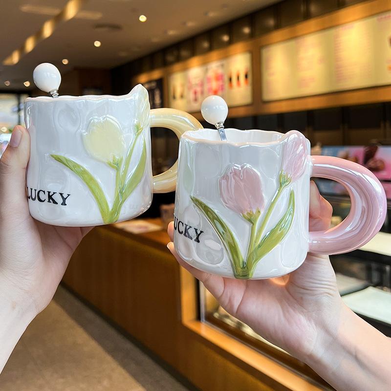 Perle Tulpenbecher Personalisierte Kreative Keramiktasse Haushalt Paar Kaffeewasserbecher Hochpräziser Becher mit Löffel