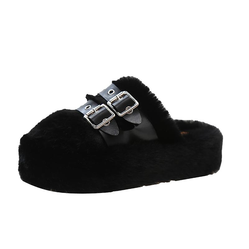 Fashion 2025 Women Furry Belt Buckle Slippers Winter Fashion Thick Sole Flats Ladies Casual Slip On Bedroom Slides Soft Half Slippers