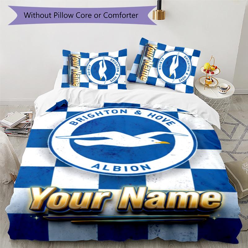 3pcs Brighton & Hove Albion F.C. Cover Set - Personalized Name, HD Printed Bedding with 1 Cover and 2 Pillowcases - Perfect for Home Decor, Easy Care