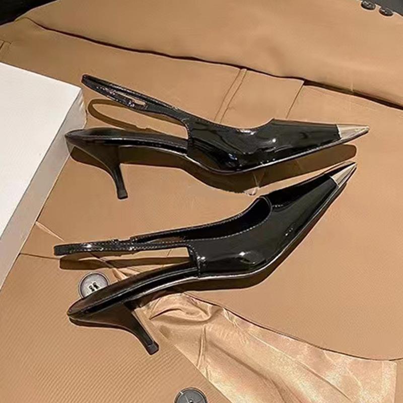 

Spring 2025 new sandals women s black high heels women s thin heels metal square head single shoes patent leather bag head women s sandals 35