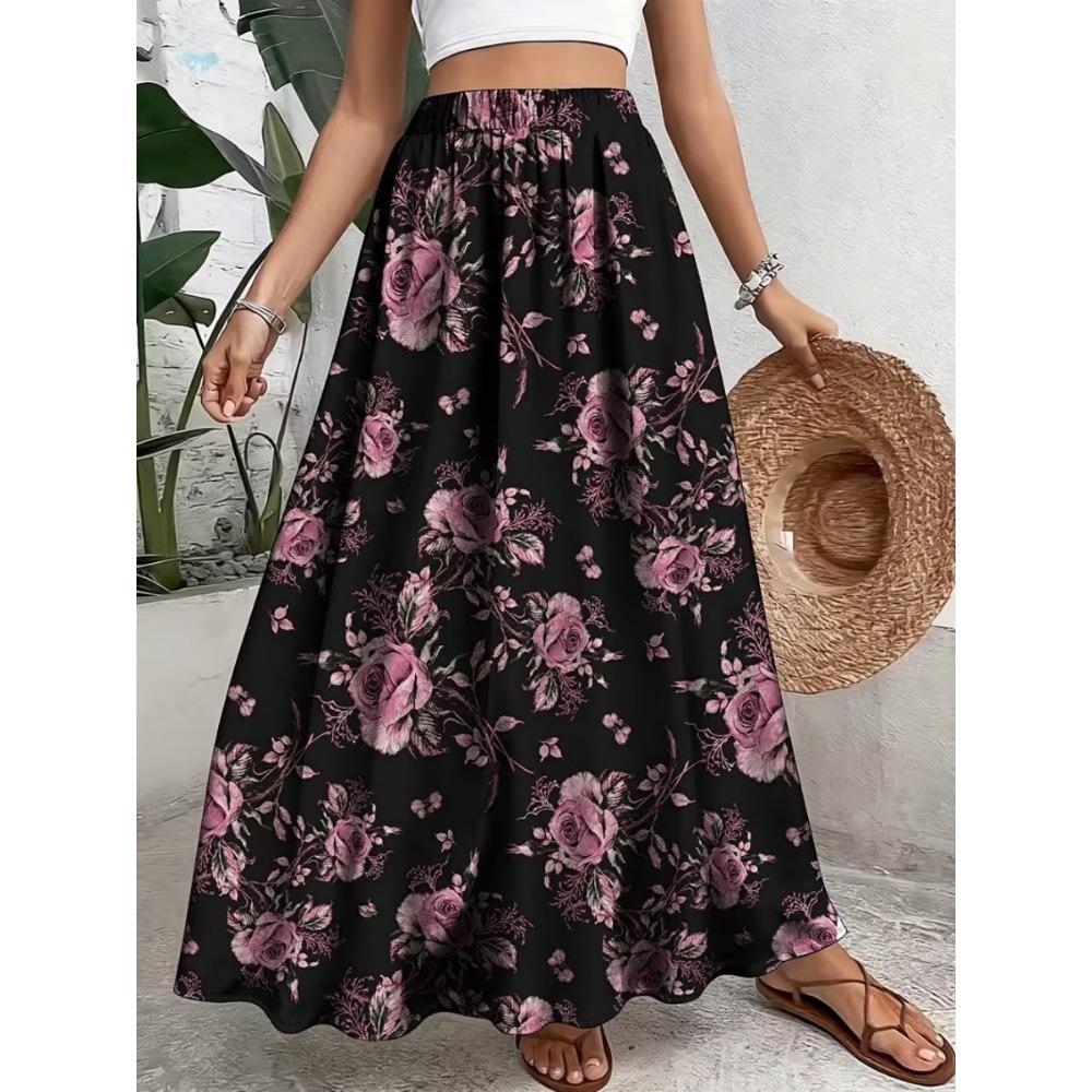 Women's Colorful Flower Printed High Waist Skirt Swing Skirt Elastic High Waist Flower Elegant Party Skirt