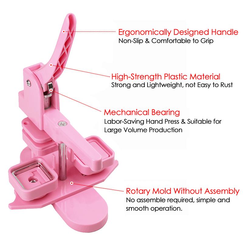 Máquina de fazer botões de crachá rosa de 50 mm, tipo rotativo, prensa manual, máquina de crachá quadrado para fazer crachás, alfinetes, artesanato de arte