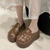 Fashion 8CM Women Leather Sandals New Ladies Shoes Woman Pumps Women Cross-strap Slides Platform Shoes Heels Slip On Round Toe Slippers