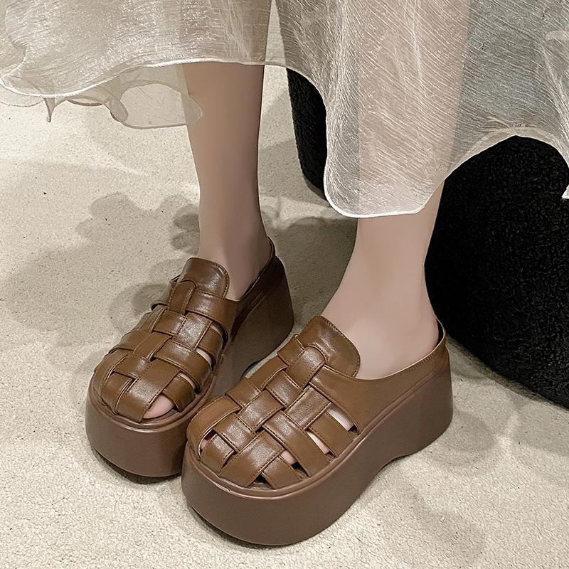 Fashion 8CM Women Leather Sandals New Ladies Shoes Woman Pumps Women Cross-strap Slides Platform Shoes Heels Slip On Round Toe Slippers