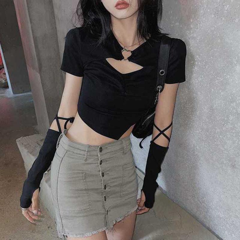 

Y2K стильный галстук в стиле тысячелетия, тонкий дизайн, джаз, футболка с короткими рукавами, популярная европейская и американская девушка с топом для девочек M чёрный