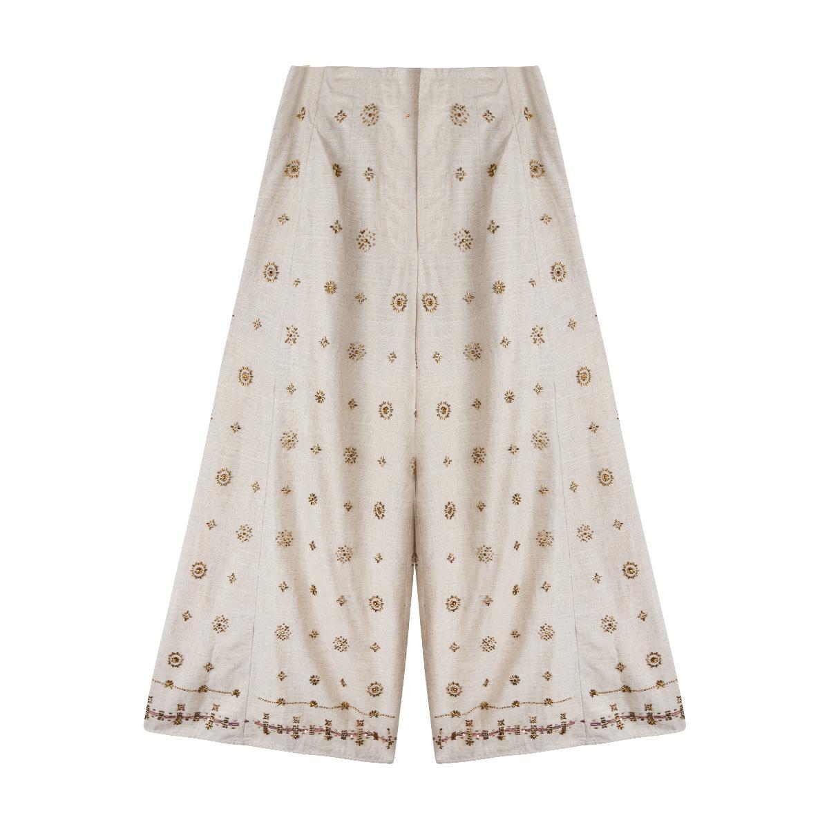 Women’s Linen Wide Leg Pants – Boho Embroidered Summer Trousers, Lightweight Loose Fit XS белый