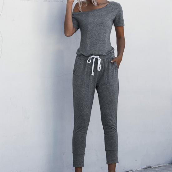 Frauen Strampler Einfarbig Enge Taille 4 Farben Damen Schräge Schulter Overall zum Einkaufen