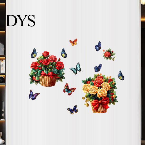 Easy to Apply Floral Decal Set Rose Flowers Wall Stickers with Butterflies, PVC Waterproof Decals, Removable Creative Soft Decoration Gifts