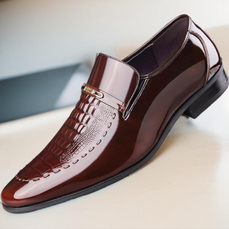 Men'S Croc-Embossed Patent Leather Dress Shoes Wide Width Pointed Toe Slip-On Business Formal Comfort Non-Slip Office Wedding