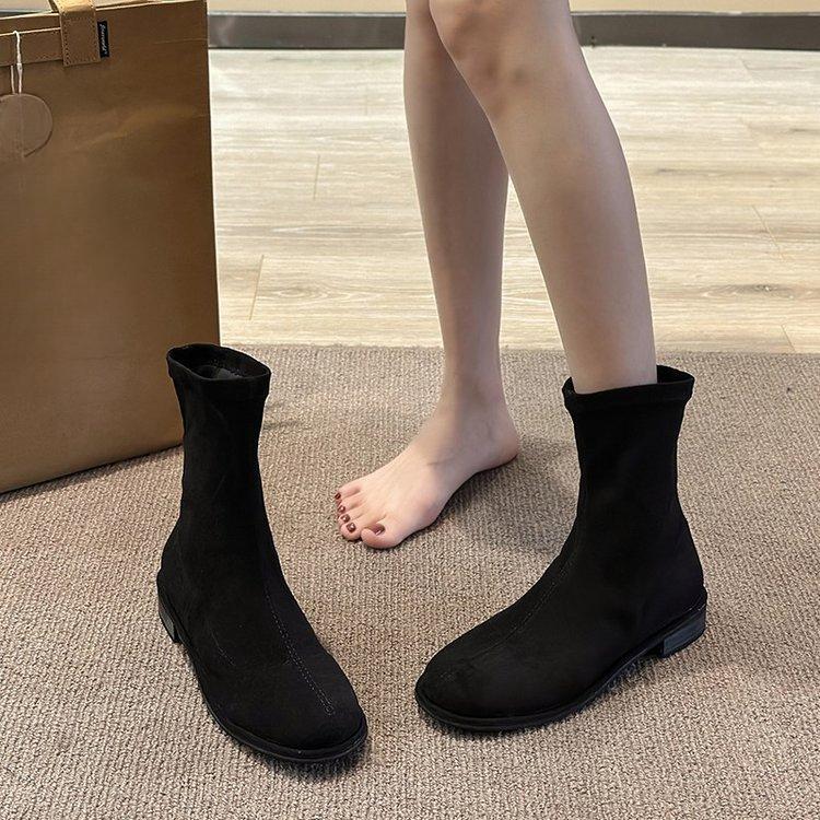 Bottes d'hiver Automne et Hiver Noir Stretch Mode Élégantes Bottes Talon Bas Plates Bottines Femmes Daim Confortables Rétro Chaussures pour Femmes