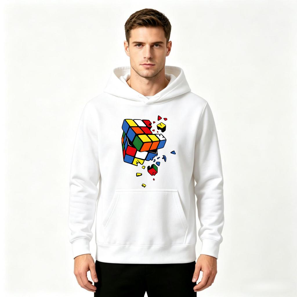 Men's Casual Pullover Hoodie, Shattered Magic Cube Graphic Print Long Sleeve Hooded Sweatshirt for Daily Wear