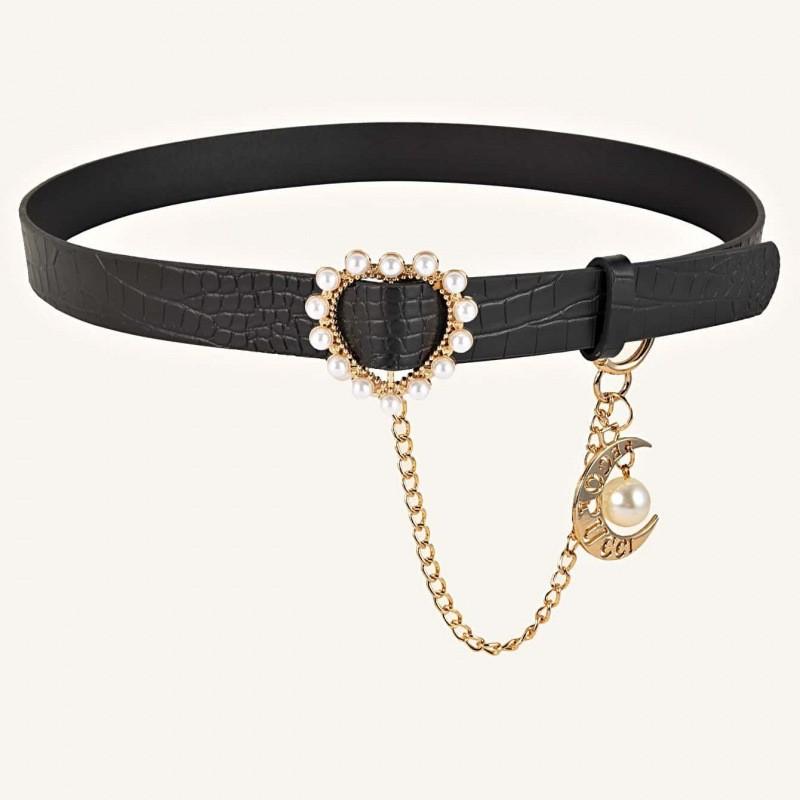 Pu Smooth Elegant Buckle Black And White Waist Belt With Heart Design For Students