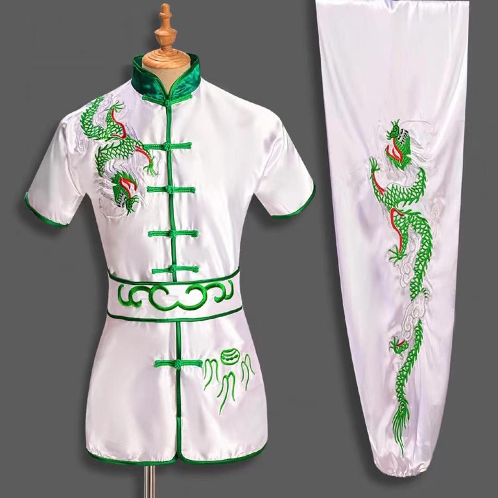 Męski Styl Chiński Kobiety Dzieci Haftowany Smok Strój Kung Fu Tai Chi Wushu Uniform Zestawy Kurtka Spodnie Sport na Zewnątrz
