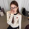 Blue and White Striped Contrasting Colors Chic Autumn Love Embroidered Long-sleeved Shirt Casual Versatile Knitted Sweater