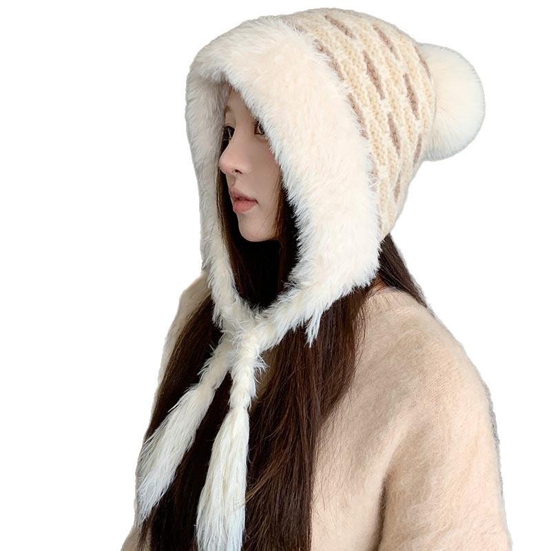 Retro striped fleece ear protector wool hat women's winter thickened plush Lei Feng hat outdoor cold-proof lace-up knitted hat tide