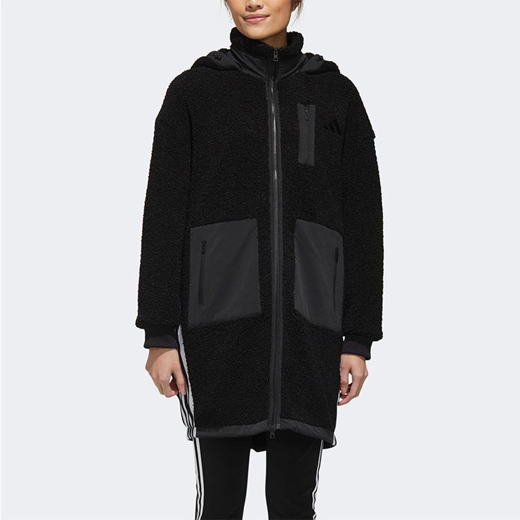 Adidas Urban Boa Long Plush Warm Mid-Length Knitted Hooded Jacket Women Outerwear Black GM1428
