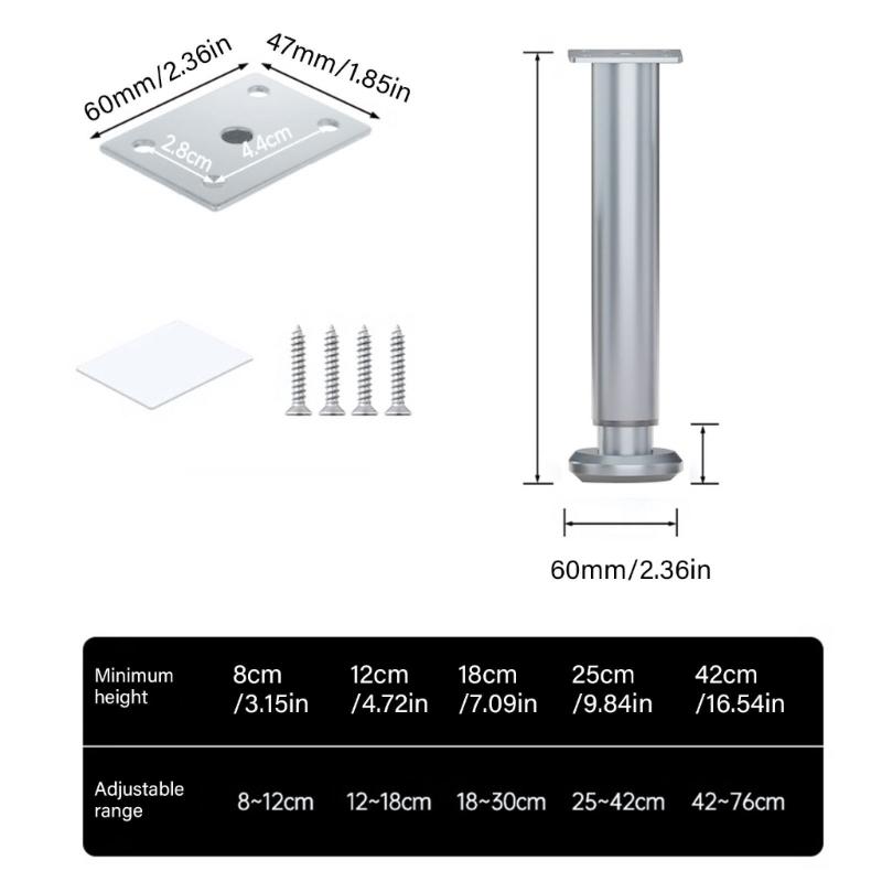 4Pcs Height Adjustable Furniture Legs Metal Round Cabinet Feet Replacement Support Legs for Drawer Dresser Table Couch