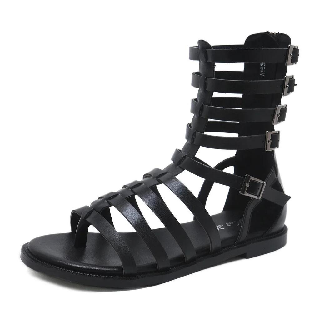Fashion Back Zipper High Top Comfortable Summer Women's Sandals Peep Toed Narrow Band Hollow Out Roman Cool Boots Flat Shoe