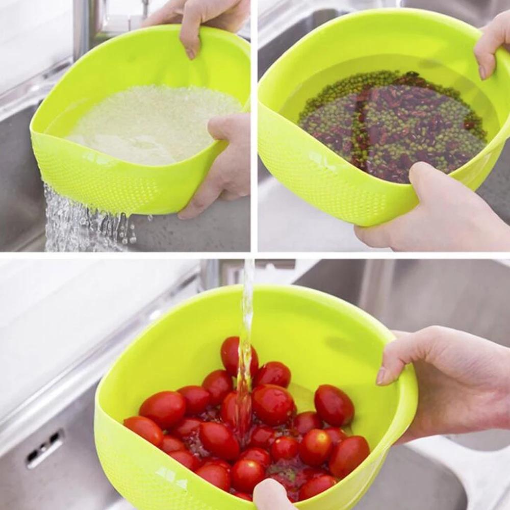 Food Grade Plastic Rice Beans Peas Washing Filter Strainer Green Pink Color Basket Sieve Drainer Cleaning Gadget