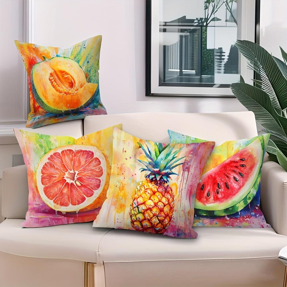 4Pcs Watercolor Fruit Throw Pillow Covers, Double-Sided Printed Pineapple Watermelon Print Cushion Cases, Summer Tropical Decor