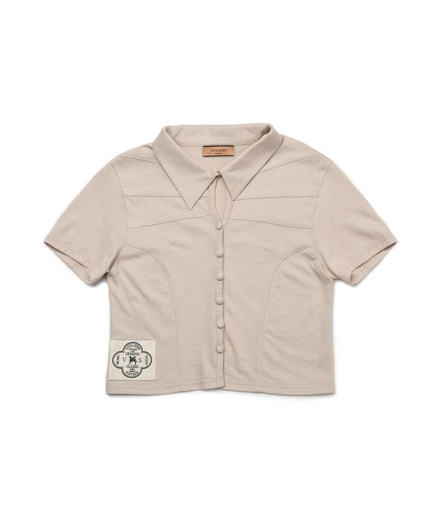 Baitalssain [Line] Line Button Crop T-Shirt (Beige)