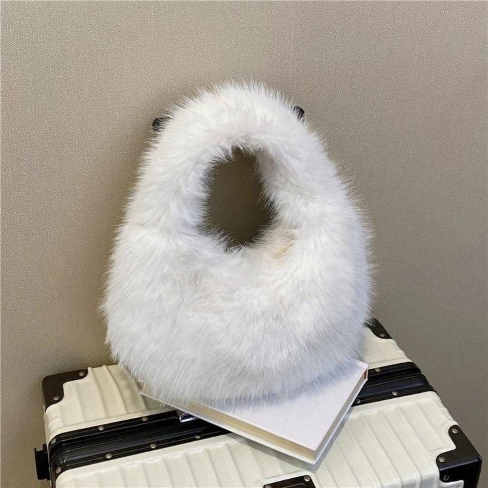 

Soft Plush Clutch Handbags Half Moon Shape Tote Bag Fashion Faux Furry Texture Purse Casual