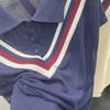 Women's White Polo Neck Knit Vest Contrast V-Stripe Sleeveless Casual Slim Fit Top