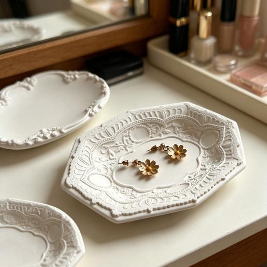 Embossed Jewelry Tray, Vintage Small Trinket Holder Dish for Rings, Necklaces, Bracelets, Keys, Decorative Dresser Storage Organizer Tray for Women,