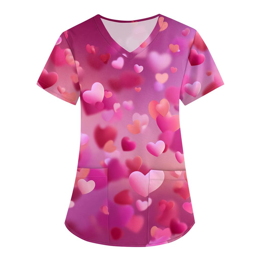 Women's Valentine's Day Print Loose V-neck Pocket Short-sleeved Caregiver Uniform/ Uniform