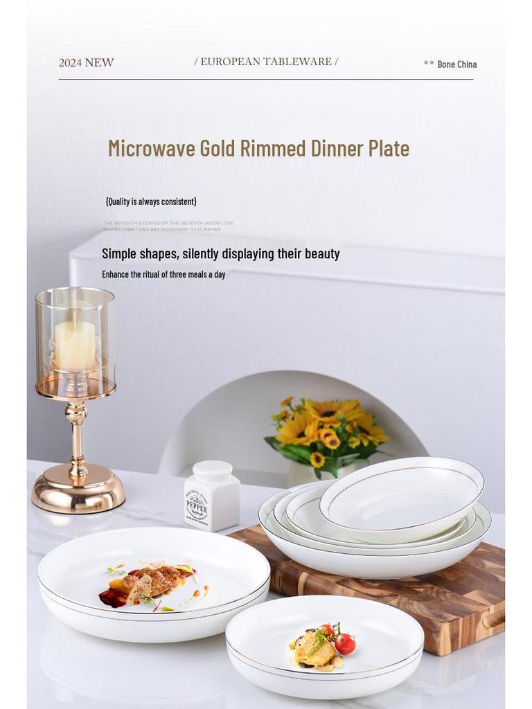 Ceramic Gold Rim Bone China Tableware Set - Microwave Safe Deep Plate, Rice Bowl for Home and Hotel Use.