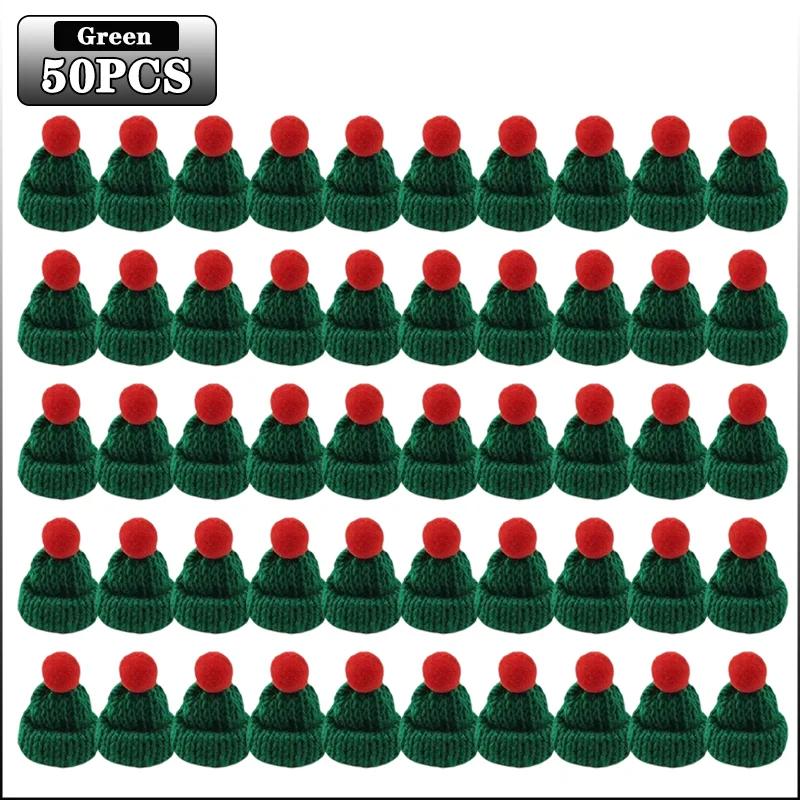 10-100PCS Mini Christmas Tree Ornaments Hats and Scarves Red Green Knit Yarn Pom Pom Holiday Hanging Decor Party Accessories