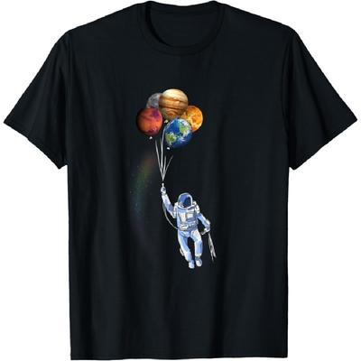 Śmieszna Kosmiczna Koszulka Astronauty Kosmonauta Trzymający Balon Planetę Koszulka