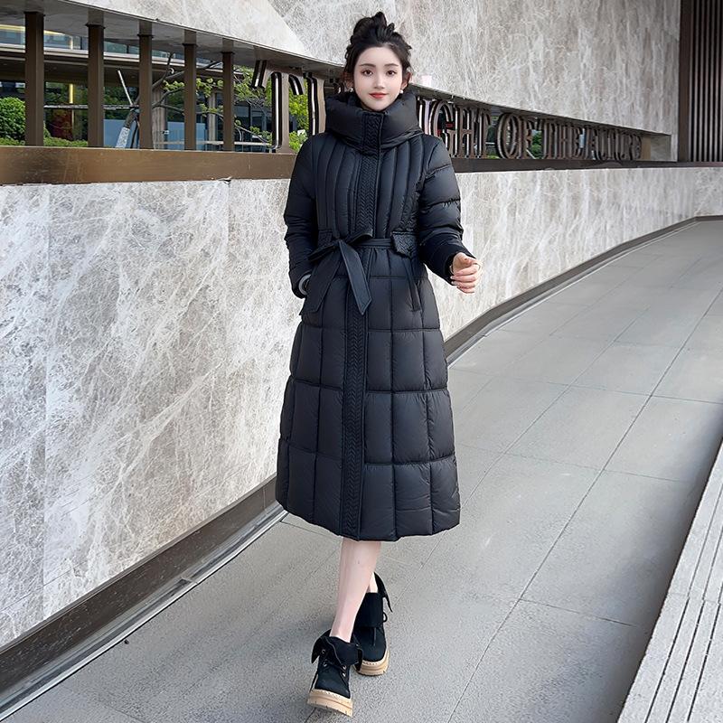 Large size cotton-padded clothes for women over the knee, long slim and thin belt, solid color fashion cold-proof clothes, large cotton-padded clothes