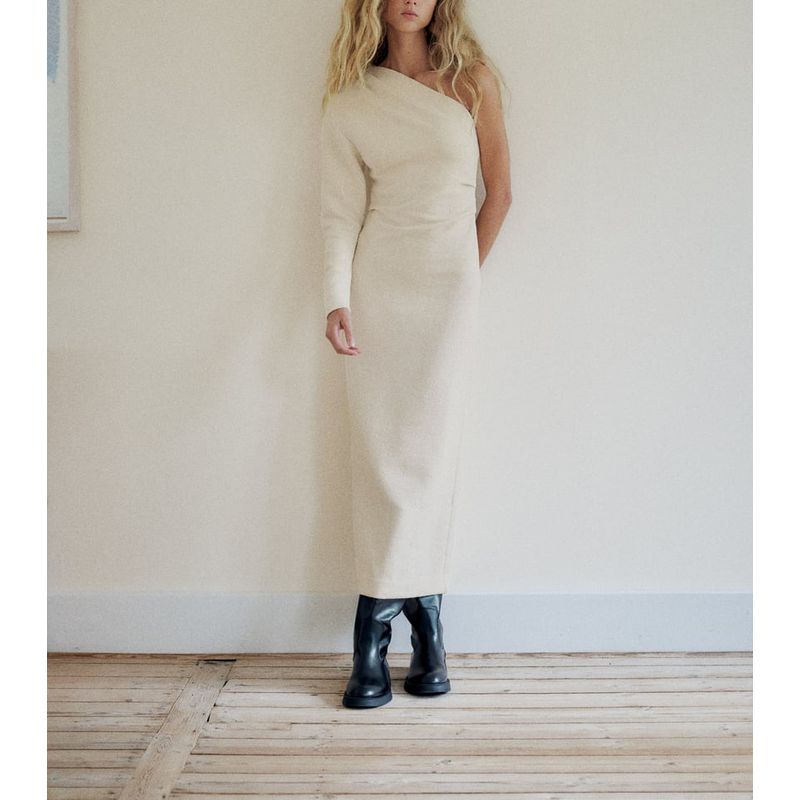 Spring New Arrival Long Sleeves Midi Skirt Ruched Back Slit French Silm Texture Asymmetric Dress 8805017