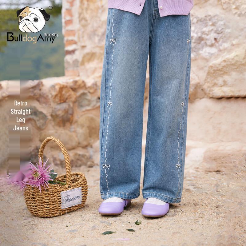 CHANZUIGOU Girls  Washed Retro Straight-Leg Embroidered Jeans 130 cm
