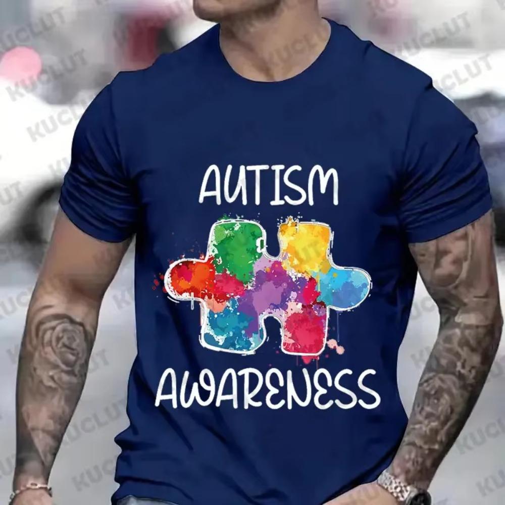 Men Tees Autism Awareness Graphic Printed T Shirt Y2K Fashion O Neck Clothes Men's Clothing Hip-Hop T-shirt Male Streetwear Tops