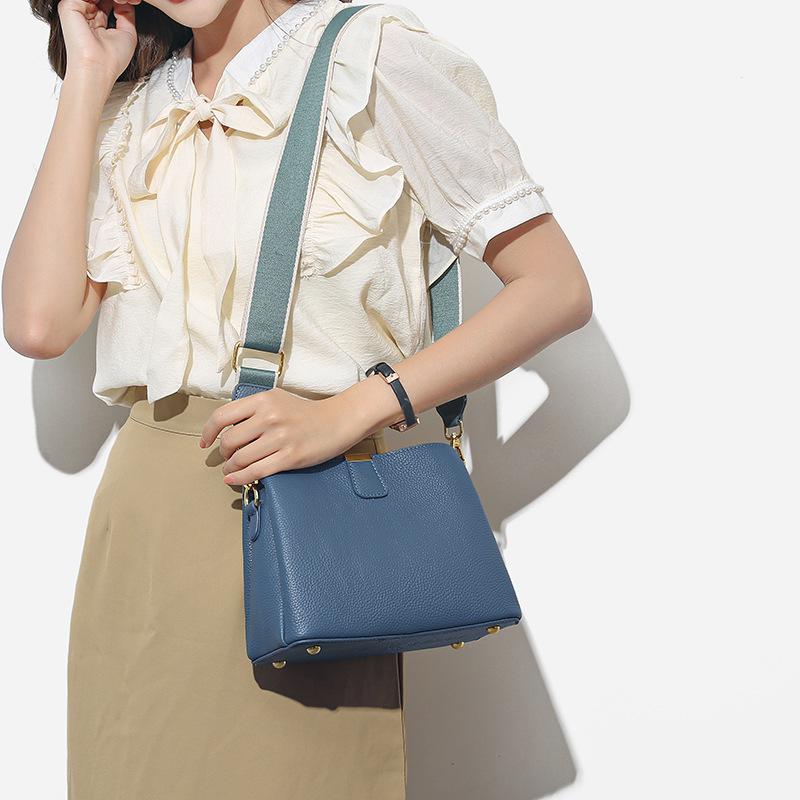 High-end Genuine Leather Women's Bag Fashionable and Simple Single-shoulder Crossbody Bag Cowhide Bucket Bag