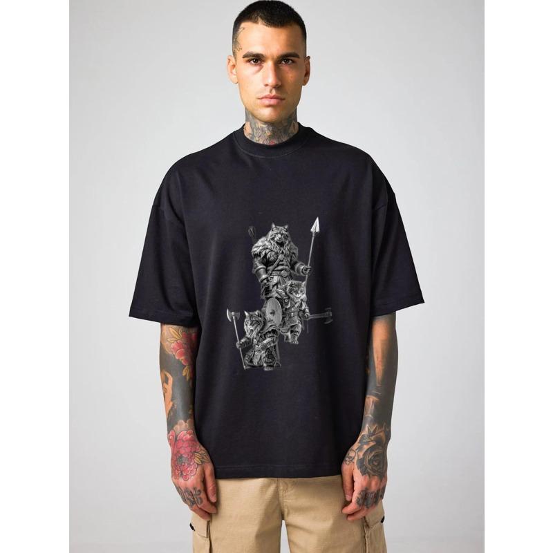 Oversized T Shirt Black Wolf Warrior Stack Graphic Print Casual Streetwear Men's Fashion Top Daily Wear Outfit